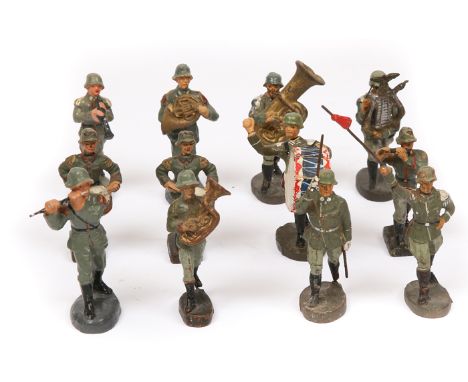20 Elastolin/Lineol etc German composition band figures. All marching playing instruments, including band master, conductor, 