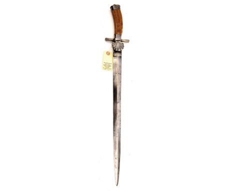 A late 18th century hunting hanger, shallow diamond section blade 19” (worn), iron mounted hilt with small trn down shell gua