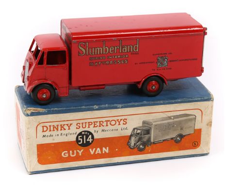 Dinky Supertoys Guy Van ‘Slumberland’ (514). In red livery, complete with rear doors. Boxed, blue paper with applied orange/w