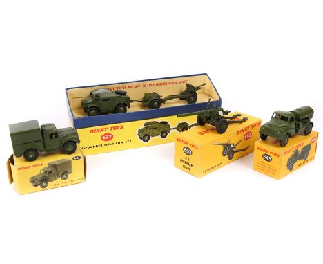 4 Dinky military toys. Army 1-Ton Cargo Truck (641). Army Water Tanker (643). 5.5mm Medium Gun (692). Plus a 25-Pounder Field