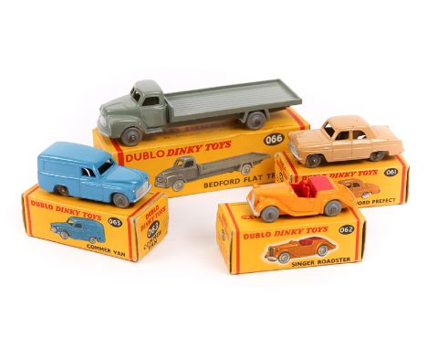 4 Dublo Dinky Toys. Ford Prefect (061) in beige, Commer Van (063) in mid blue, Singer Roadster (062) in yellow with red seats