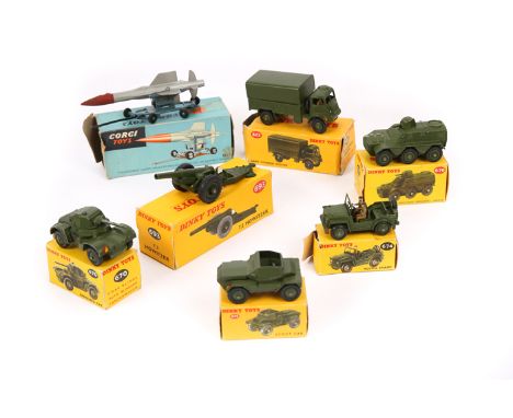 6 Dinky military toys. Army Covered Wagon (623), Armoured Car (670), Scout Car (673), Austin Champ (674), Armoured Personnel 