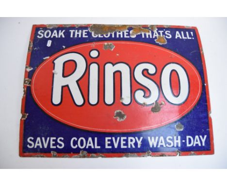 A vintage enamel sign reading 'Rinso, Soak the clothes - that's all! Saves coal every wash day', 61x46cmH