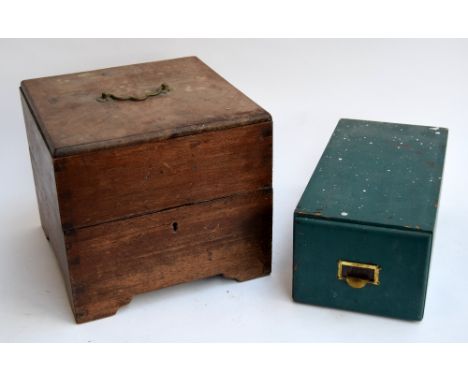 A square mahogany chest, on bracket feet, 30x30x28cmH, and a small green vintage filing drawer