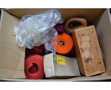 A box of upholsterers tools, nails, and other items, and a sword