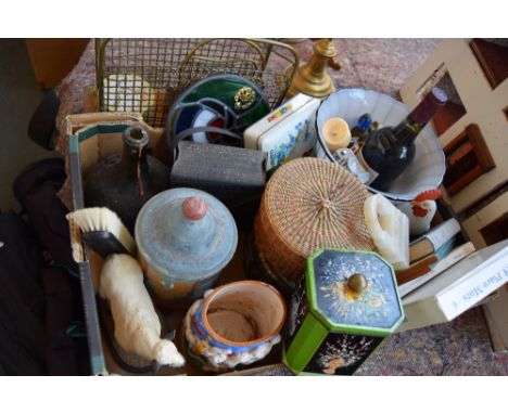 A sewing basket with contents, and various vintage tins, a Hayton Fine Arts British White bull sculpture, a stained glass RAF