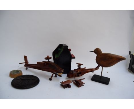 Two mahogany model helicopters, one possibly an Apache AH-64, along with a number of other wooden items including a vintage g