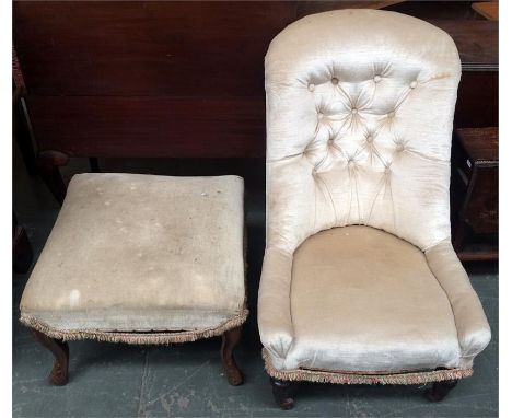 A button back salon chair, together with an Ottoman, raised on cabriole legs