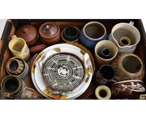 A large box of studio pottery and some Alfred Meakin sunflower plates