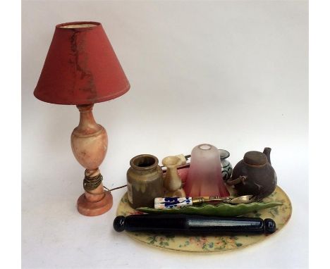 An Italian rose marble table lamp, together with a glass lampshade, various other ceramic, and a Victorian hand blown glass r