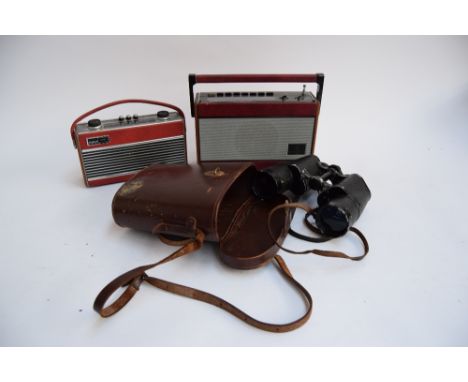 A mixed lot to include a Roberts RP28 radio, a Roberts Rambler radio, a large pair of vintage CBS 7x50 binoculars in leather 