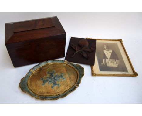 A rosewood tea caddy together with a set of dominoes, a carved fruit panel, a gilt and turquoise wooden tray, and a masonic p