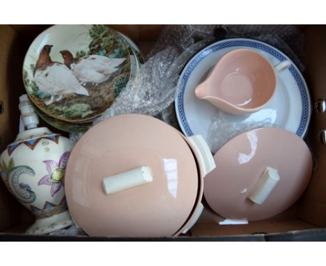 A number of Art Deco style pink tureens with lids and a matching jug, a ceramic and metal plate warmer, a quantity of wall pl