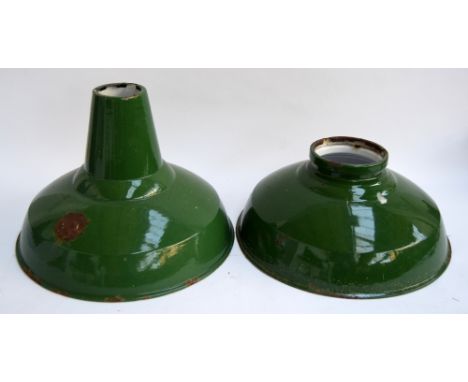 A pair of large vintage industrial light shades in green enamel, 46cm diameter