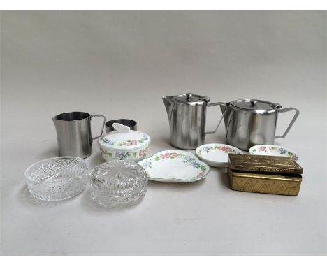 Royal Worcester pin dishes, etc., cut lead crystal dishes, and a stainless steel 1960s tea set and a brass engraved cigarette