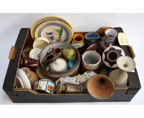 A box of mixed ceramics including antique Quimper, studio pottery, trinket boxes, and vases