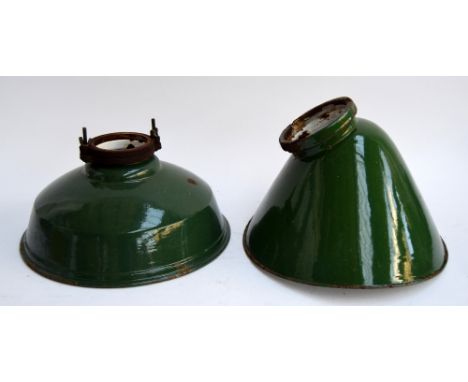 A matched pair of vintage industrial light shades, one angled, 35.5cm diameter