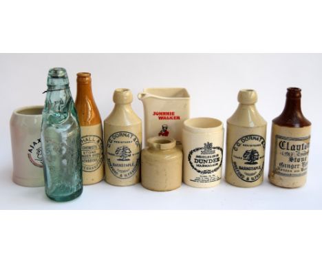 A box of antique and vintage ceramic and glass bottles, some with adverts, including a Johnny Walker jug by Wade, Barnstable 