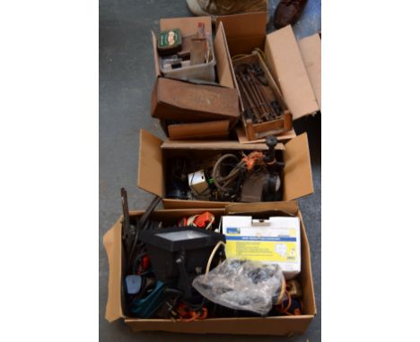 A box of various hardware, electrical fittings, and power tools, etc
