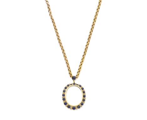 SAPPHIRE AND DIAMOND PENDANT NECKLACEThe glazed compartment set within a frame of graduated circular and oval-cut sapphires i