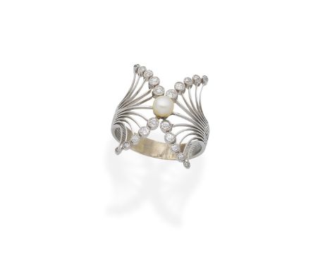 CULTURED PEARL AND DIAMOND RINGDesigned as two opposing wirework fan motifs, with collet-mounted brilliant-cut diamond detail