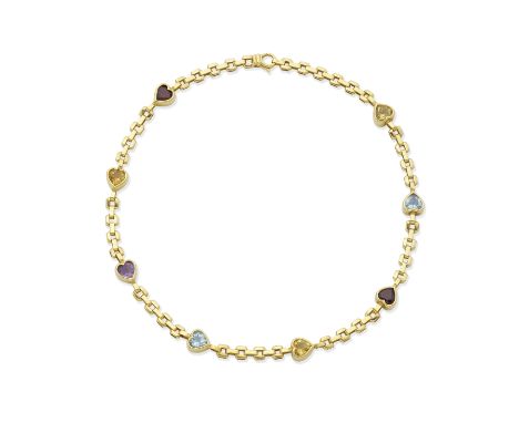 GEM-SET NECKLACEThe fancy-link chain set at intervals with collet-set heart-shaped gemstones including amethyst, citrine and 