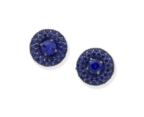 GRAFF: SAPPHIRE 'HALO' EARSTUDSEach set with circular-cut sapphires, weighing 4.34 carats total, signed Graff, maker's mark G