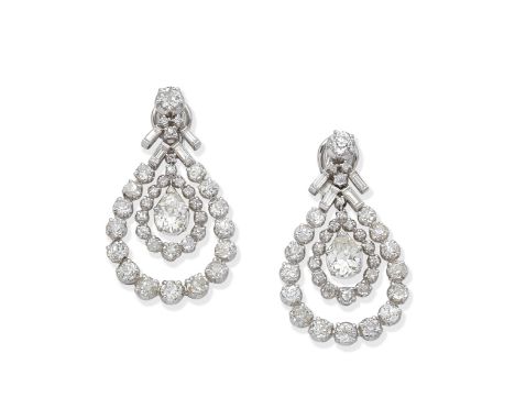 DIAMOND PENDENT EARCLIPSEach set with a pear-shaped diamond in a double surround of cushion-shaped diamonds suspended from a 