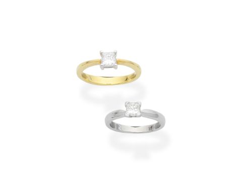 TWO DIAMOND SINGLE-STONE RINGSEach set with a princess-cut diamond, mounted in four claw settings, diamonds approx. 0.50ct ea