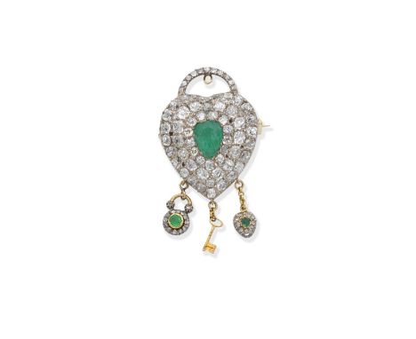 EMERALD AND DIAMOND BROOCH/PENDANT, SECOND HALF OF 19TH CENTURYDesigned as a heart-shaped locket, the central pear-shaped eme