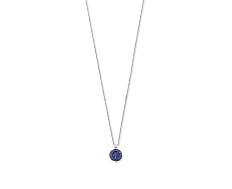 GRAFF: SAPPHIRE AND DIAMOND 'HALO' PENDANTSet with a brilliant cut diamond, weighing 0.14 carat, and circular-cut sapphires, 