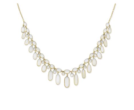 MOONSTONE NECKLACE AND BRACELET, FIRST HALF OF THE 20TH CENTURYThe necklace set to the front with oval cabochon moonstones, s