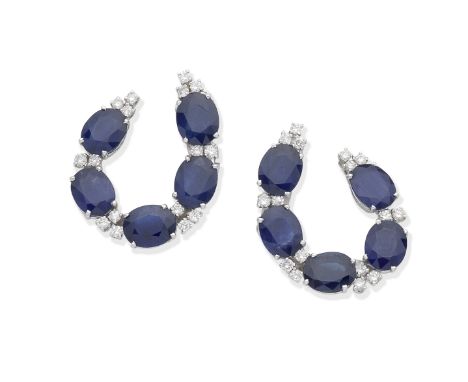 SAPPHIRE AND DIAMOND EARRINGSEach hoop set with oval-cut sapphires, interspersed with brilliant-cut diamonds, diamonds approx