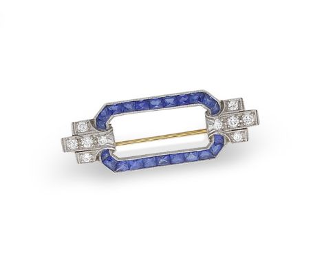 TIFFANY: SAPPHIRE AND DIAMOND BROOCH, CIRCA 1920Millegrain-set with French-cut sapphires, accented by brilliant-cut diamond s