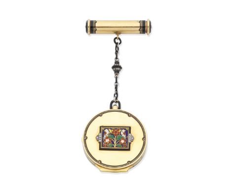 CARTIER: POWDER AND LIPSTICK COMPACT, CIRCA 1920Decorated with an Indian-style polychrome enamel scene of birds and flowers t