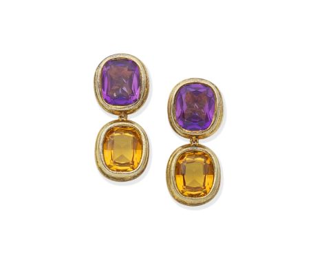 AMETHYST AND CITRINE EARRINGSEach cushion-shaped amethyst suspending a cushion-shaped  citrine, partially struck marks, lengt