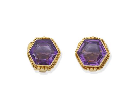 AMETHYST EARCLIPSEach hexagonal amethyst within a ropetwist border,  length 1.7cmFor further information on this lot please v