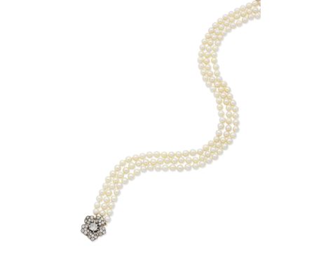 CULTURED PEARL AND DIAMOND NECKLACEThe three-strands of 7.0mm cultured pearls with a late 19th century clasp set with cushion
