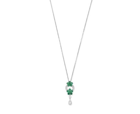 GRAFF: EMERALD AND DIAMOND 'ROSETTE' PENDANTSet with brilliant-cut diamonds, weighing 0.88 carat total, and clusters of circu