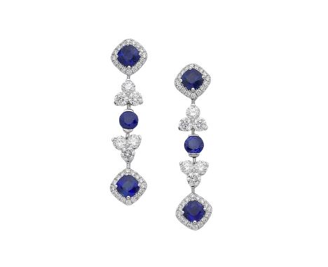 GRAFF: SAPPHIRE AND DIAMOND PENDENT EARRINGSEach set with cushion and circular-cut sapphires, weighing 4.97 carats total, and