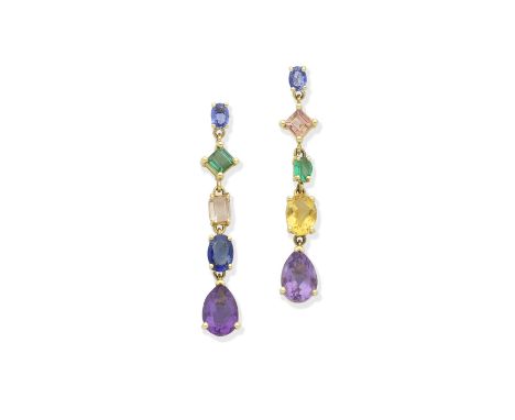 GEM-SET EARRINGSEach row of vari-cut gemstones, including sapphire, citrine, amethyst and tourmaline, length 4.5cmFor further