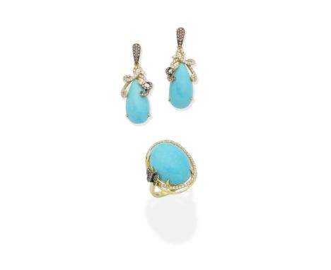 TURQUOISE AND DIAMOND RING AND EARRING SUITEThe ring set with an oval turquoise cabochon within a surround of brilliant-cut d