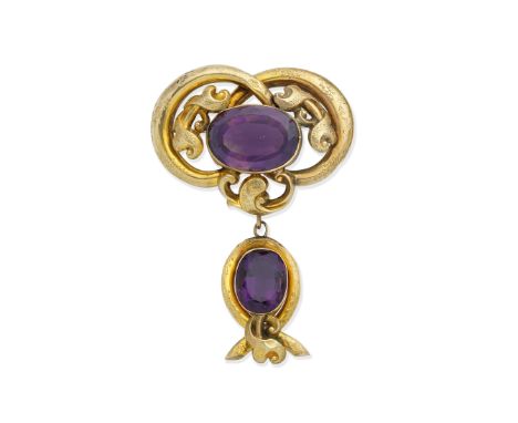 AMETHYST BROOCH CIRCA 1880,The oval-cut amethyst set within a scroll design mount, with floral engraved detail, suspending a 
