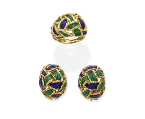 KUTCHINSKY: ENAMEL RING AND EARCLIP SUITE, 1967The ring of woven bombé design, with green and blue enamel highlights, mounted