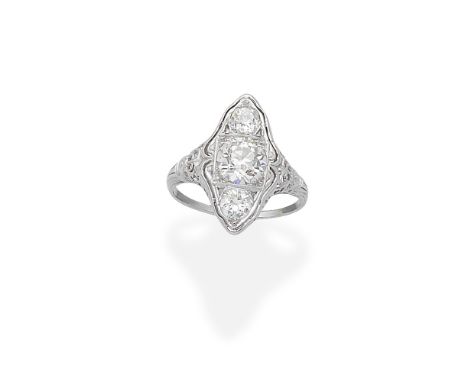 DIAMOND RINGSet with three old brilliant-cut diamonds, the gallery and shoulders of pierced design, principal diamond approx.
