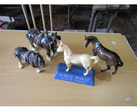 Beswick horse, White Horse Scotch Whisky plastic advertising display and 2 shire horses 