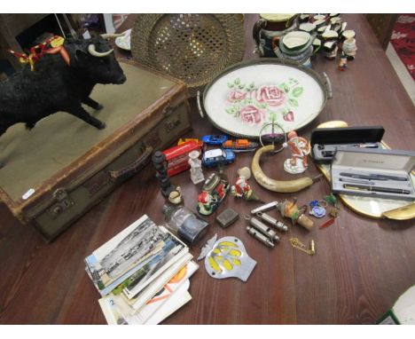 Collectors lot to include Parker pen, horn, figures, table lighter, postcards, whisyes, Aa badge etc etc