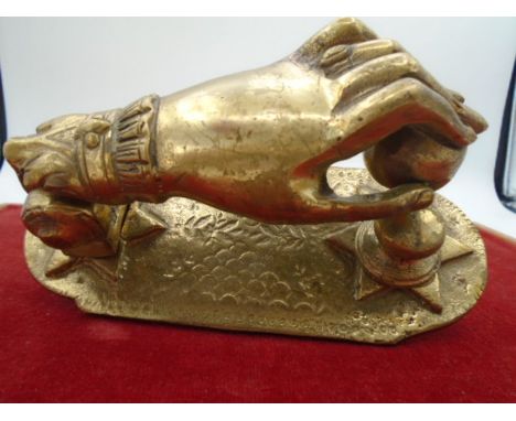 Poss French early 20th C brass door knocker in the shape of a woman's hand. Ladies hand typically used to protect houses from