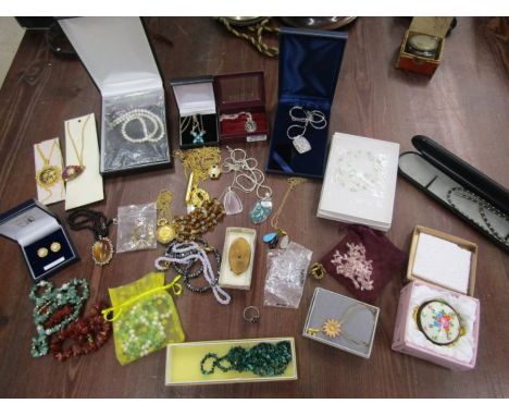 A collection of costume jewellery to inc Amber necklace, pearl and jade necklace, some silver 