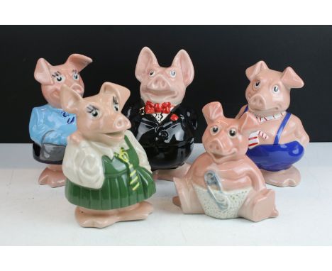 Collection of five vintage Wade Natwest piggy banks to include Annabel, Maxwell, Sir Nathaniel, Lady Hilary and Woody baby ex